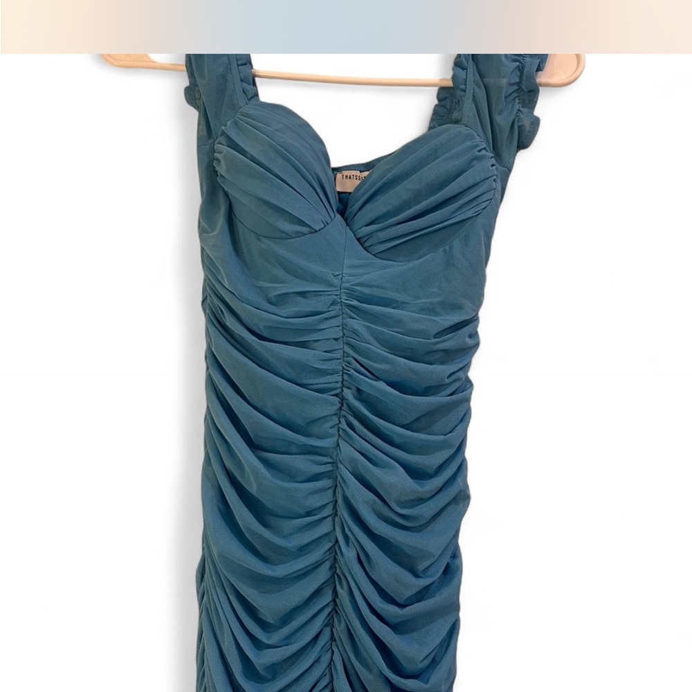 Chic Blue Ruched Mini Dress - Picture 2 of 8
